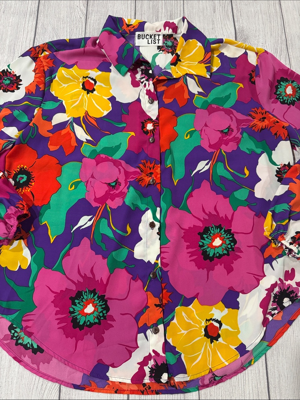 BUCKETLIST Women’s Vibrant Floral Button-Up LongSleeve Blouse